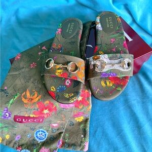 Gucci Multicolor Floral Slides with Gold Accents
